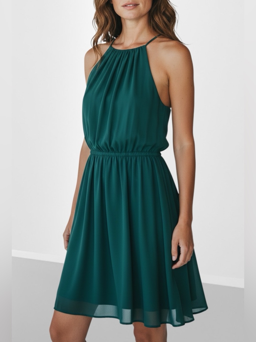 Lush Forest Green Halter Mini Dress with Elastic Waist Size M